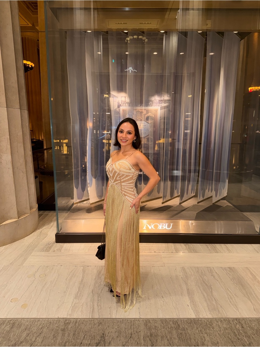 SHEIN Gold Beaded Strapless Fringe Gown